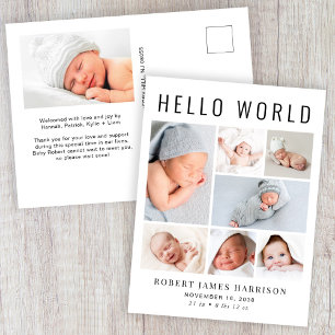 Postal De Anuncios Moderno Collage de Fotos de Nacimiento Hello World