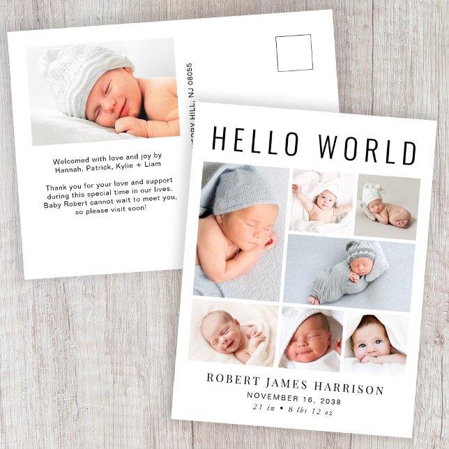 Postal De Anuncios Moderno Collage de Fotos de Nacimiento Hello World (Subido por el creador)