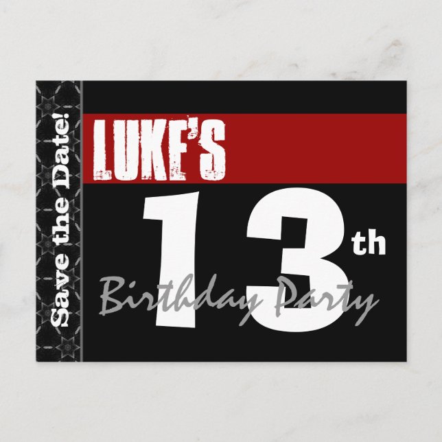 Postal De Anuncios Moderno cumpleaños número 13 Save the Date Red Bla (Anverso)