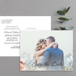 Postal De Anuncios Moderno dibujo de línea floral pastel foto boda