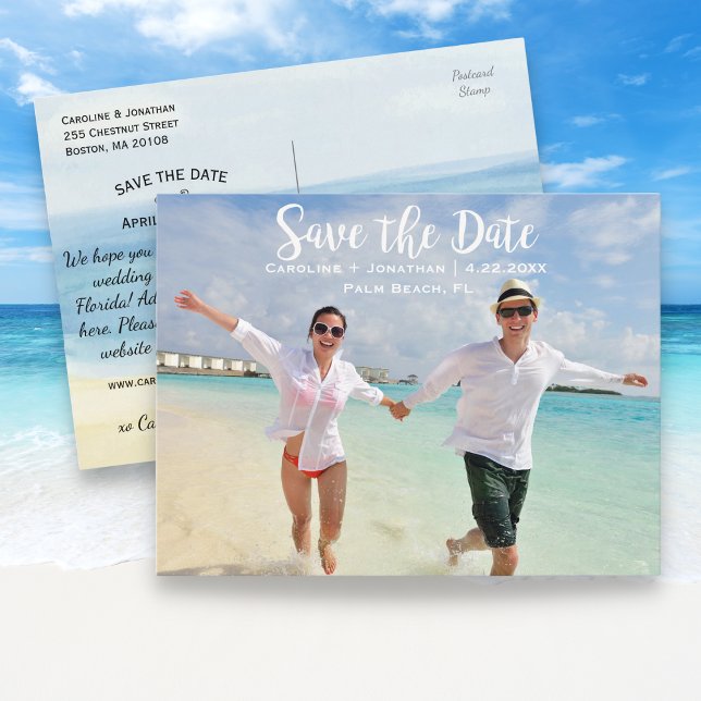 Postal De Anuncios Moderno divertido foto de playa Boda Salva la fech (Subido por el creador)