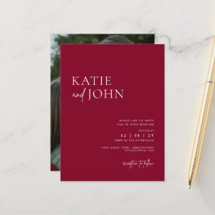 Postal De Anuncios Moderno Minimalista Rojo Borgoña Foto de Boda