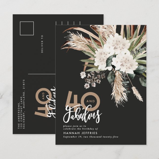 Postal De Anuncios Moderno rústico pampas eucalipto 40 y fabuloso (Anverso / Reverso)