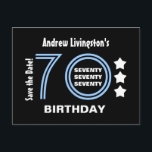 Postal De Anuncios Moderno Save the Date 70th Birthday Party V70A<br><div class="desc">Número 70 de cumpleaños rayado azul y blanco con estrellas. Aquí hay un cumpleaños moderno y moderno, ahorre el diseño de la postal de fecha con letras divertidas. Todo el texto es personalizable, así que puedes personalizar con un nombre, cambiar el año si lo necesitas, y agregar los detalles de...</div>