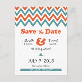 Postal De Anuncios Moderno Verde azulado y Naranja Chevron & Lovebird