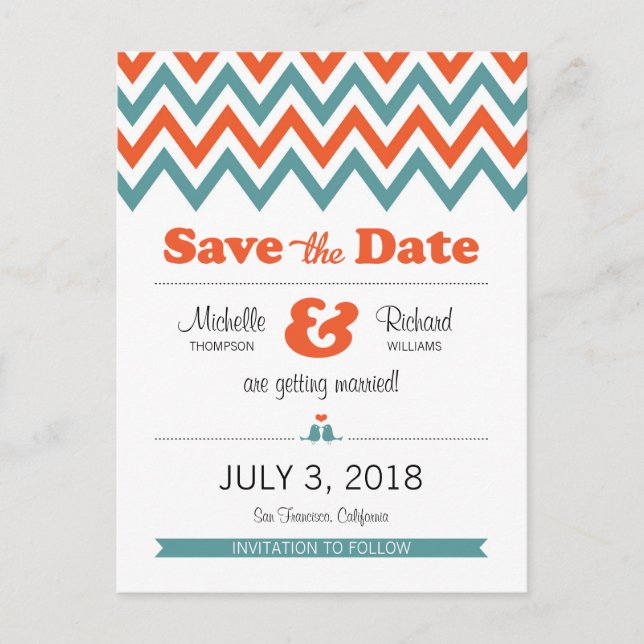 Postal De Anuncios Moderno Verde azulado y Naranja Chevron & Lovebird (Anverso)