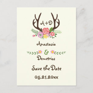 Postal De Anuncios Monograma de bodas de Antlers & flowers para Save