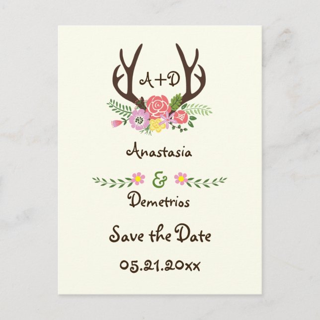 Postal De Anuncios Monograma de bodas de Antlers & flowers para Save  (Anverso)