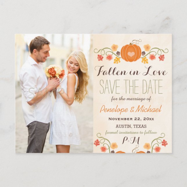 Postal De Anuncios Monograma de Calabaza de Otoño para Boda Save the  (Anverso)