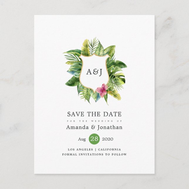Postal De Anuncios Monograma de casamiento tropical de veraneo acuáti (Anverso)