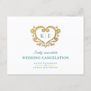 Postal De Anuncios Monograma de corazón cancelación de boda dorado ve