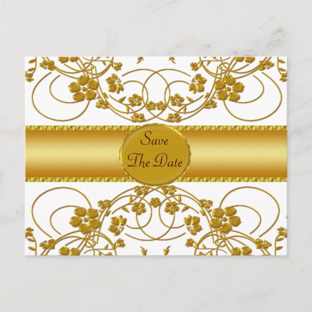 Postal De Anuncios Monograma del Boda floral dorado y blanco (Anverso)