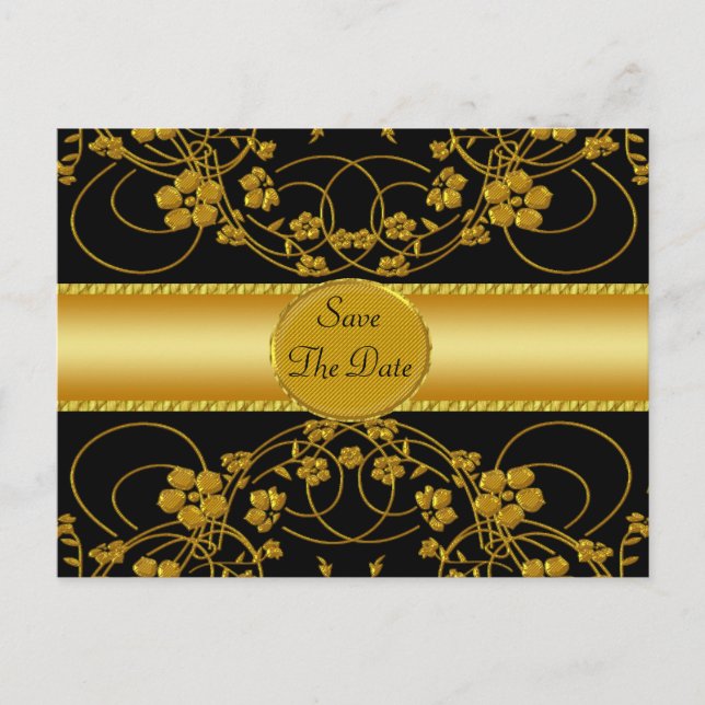 Postal De Anuncios Monograma Floral de Boda Dorado y Negro (Anverso)