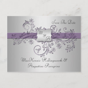 Postal De Anuncios Monograma Morado y Plateado con Remolinos Florales