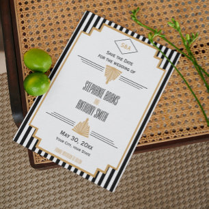 Postal De Anuncios Monograma negro, oro y Boda Art Deco blanco