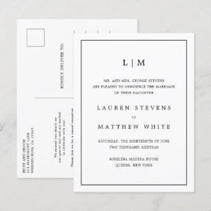 Postal De Anuncios Monograma Simple en Blanco y Negro Elegante Boda