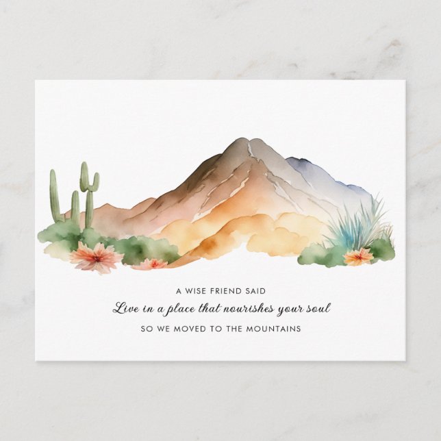 Postal De Anuncios Montañas de Acuarela de Nuevo Hogar Cactus Mudando (Anverso)