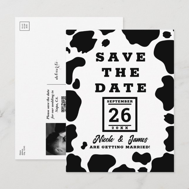 Postal De Anuncios Moo Cow Spots Print Black & White Save the Date (Anverso / Reverso)