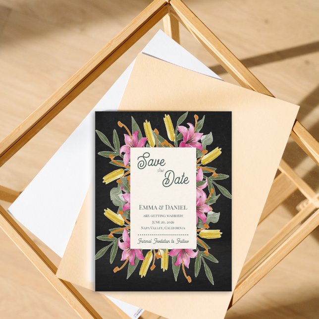 Postal De Anuncios Moody Blush Lily Black Floral Save the Date (Moody Blush Lily Save the Date | Elegant Black Floral Botanical Wedding Save the Date Card )