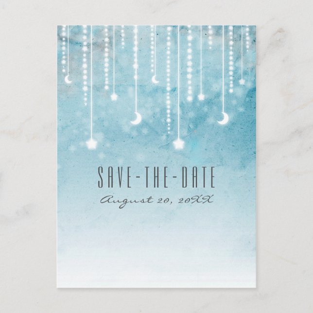 Postal De Anuncios Moon & Stars Celestial Blue Modern Save the Date (Anverso)