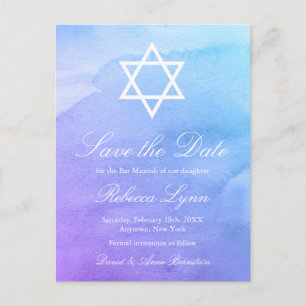 Postal De Anuncios Morado   Ahorre la fecha de Bat Mitzvah con acuare