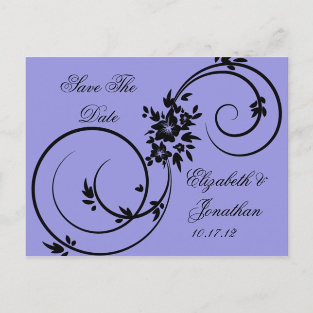 Postal De Anuncios Morado Black Floral Swirls Ahorra La Fecha (Anverso)