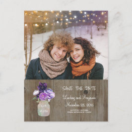 Postal De Anuncios Morado Floral Mason Jar Rustic Foto Guardar fecha