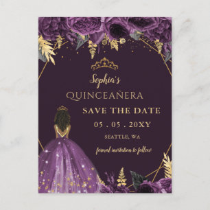 Postal De Anuncios Morado oro Tan Princesa Floral Quinceañera