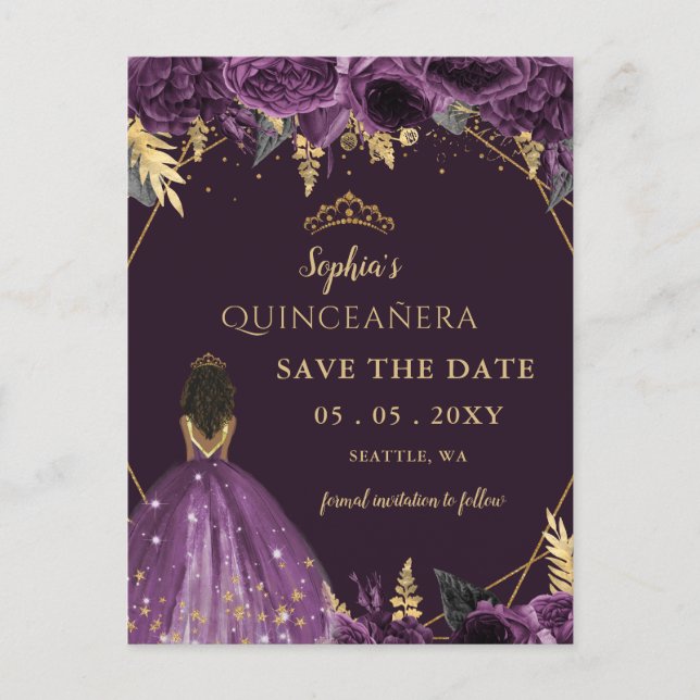 Postal De Anuncios Morado oro Tan Princesa Floral Quinceañera (Anverso)