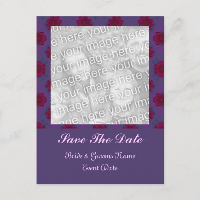 Postal De Anuncios Morado Rojo floral Guardar la fecha (Anverso)