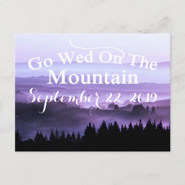 Postal De Anuncios Morado Rústico Boda De Montaña Salva La Fecha (Anverso)