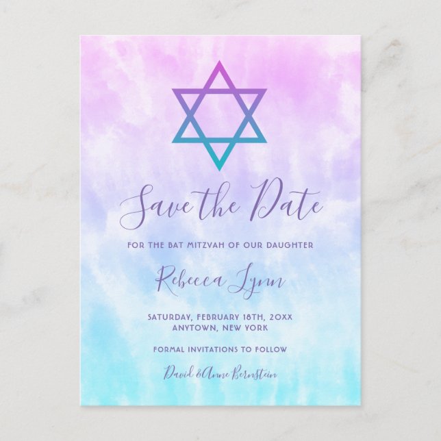 Postal De Anuncios Morado Verde azulado Tye Bat Mitzvah Salven la fec (Anverso)