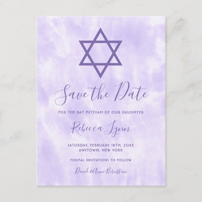 Postal De Anuncios Morple Tie Dye Bat Mitzvah Salven la fecha (Anverso)
