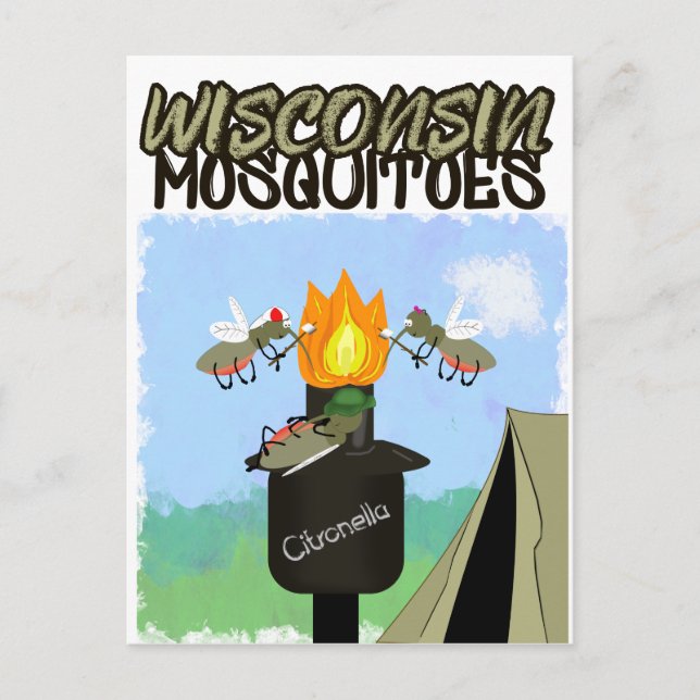 Postal De Anuncios Mosquitos de Wisconsin - Caricatura - Acampada por (Anverso)