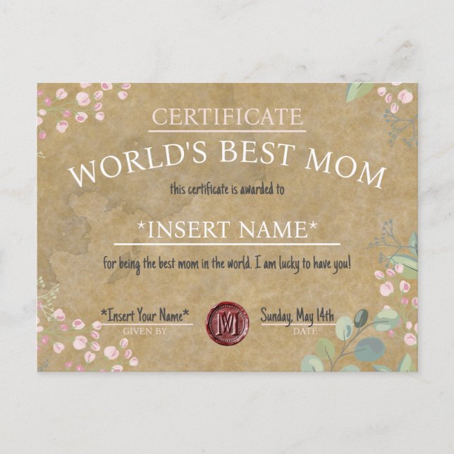 Postal De Anuncios Mother's Day World's Best Mom Certificate (Anverso)
