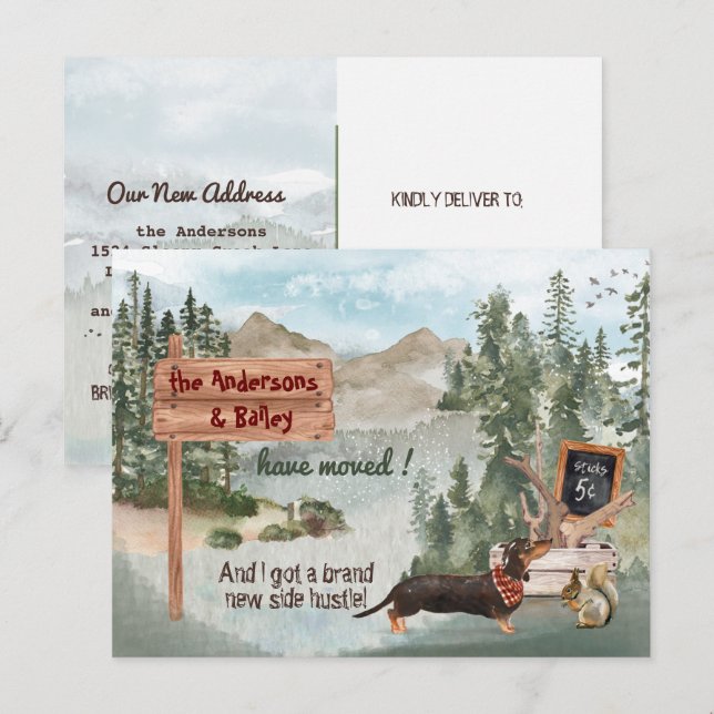 Postal De Anuncios Moviendo dirección nueva de Black Dachshund Woods  (Anverso / Reverso)