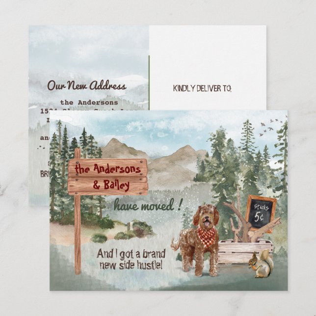 Postal De Anuncios Moving Brown Labradoodle Woodland Nueva dirección  (Anverso / Reverso)