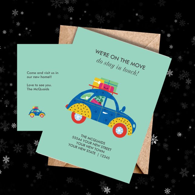 Postal De Anuncios Mudanza de Coche Divertida a Casa  (Cute colorful car moving announcement post card)