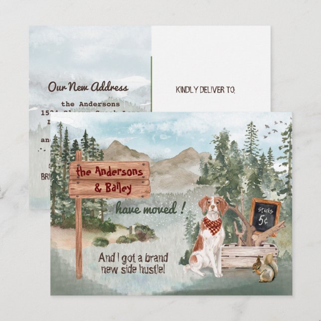 Postal De Anuncios Mudanza de dirección en bosque de Brittany Spaniel (Anverso / Reverso)