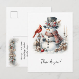Postal De Anuncios Muñeco de nieve vintage con bufanda roja, cardenal