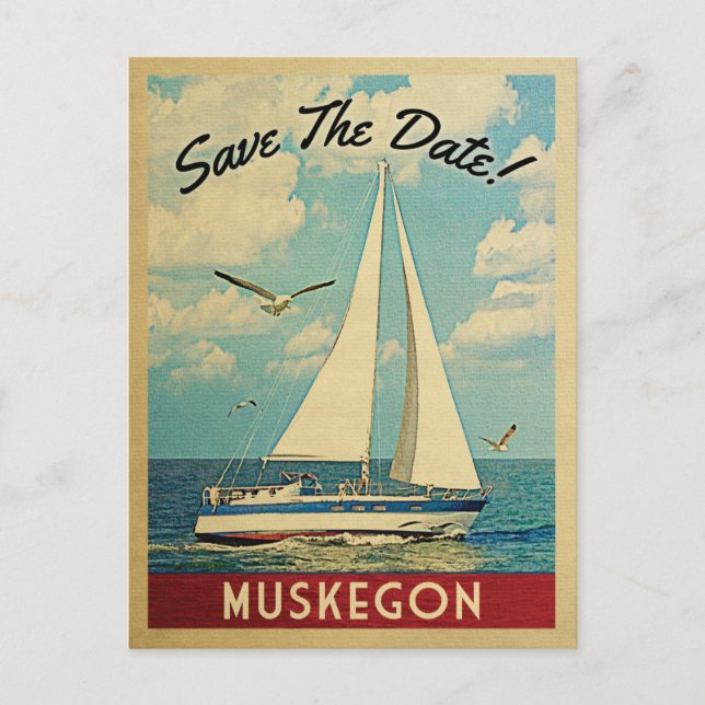 Postal De Anuncios Muskegon Save The Date Barco Náutico (Anverso)
