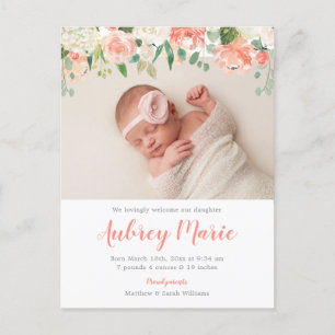Postal De Anuncios Nacimiento de Chica acuarela floral