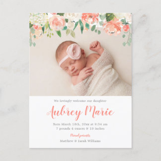 Postal De Anuncios Nacimiento de Chica acuarela floral