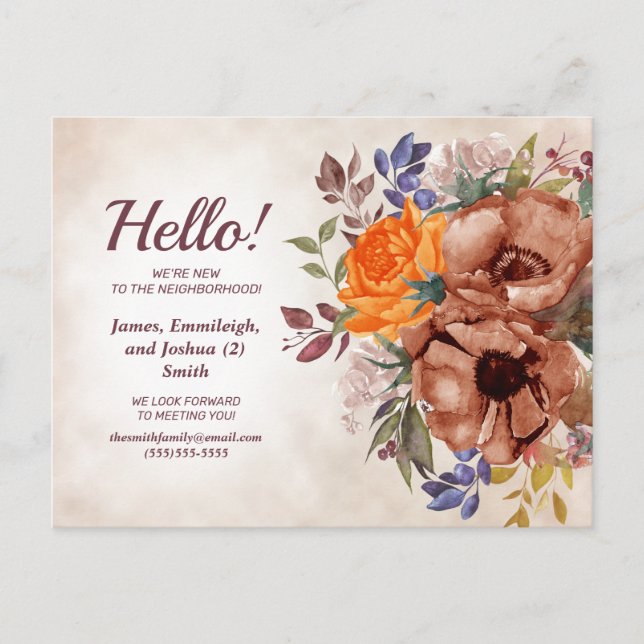 Postal De Anuncios Naranja Blue Rust Watercolor Floral Nuevo vecino (Anverso)