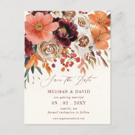 Postal De Anuncios Naranja borgoñés Floral Fall Save the Date