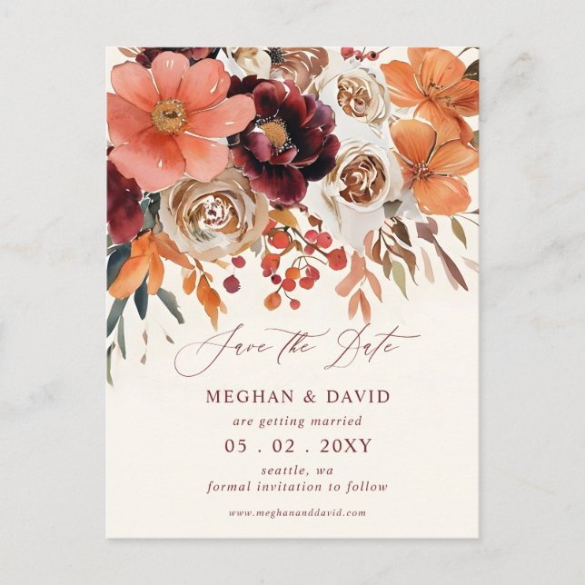 Postal De Anuncios Naranja borgoñés Floral Fall Save the Date (Anverso)