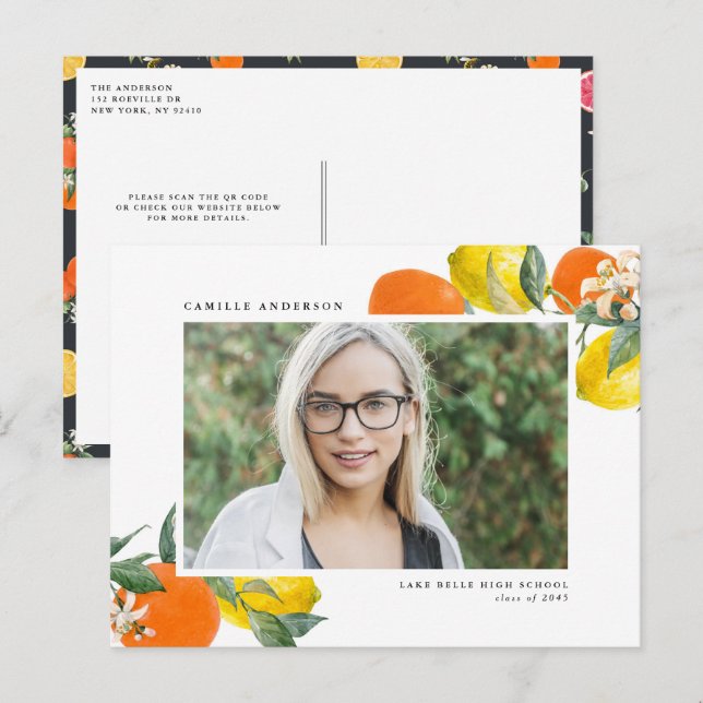 Postal De Anuncios Naranja botánico y graduación fotográfica de códig (Anverso / Reverso)