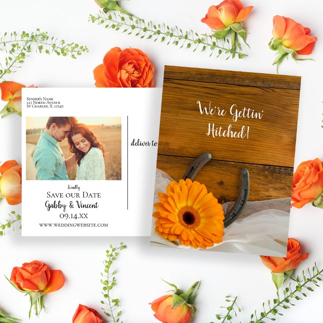 Postal De Anuncios Naranja Daisy Horseshoe Western Save the Date (Subido por el creador)