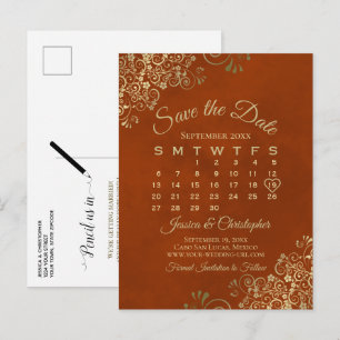 Postal De Anuncios Naranja de óxido y boda de oro Guardar el calendar