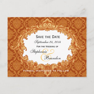 Postal De Anuncios Naranja dorado vintage damasco boda guardar fecha 
